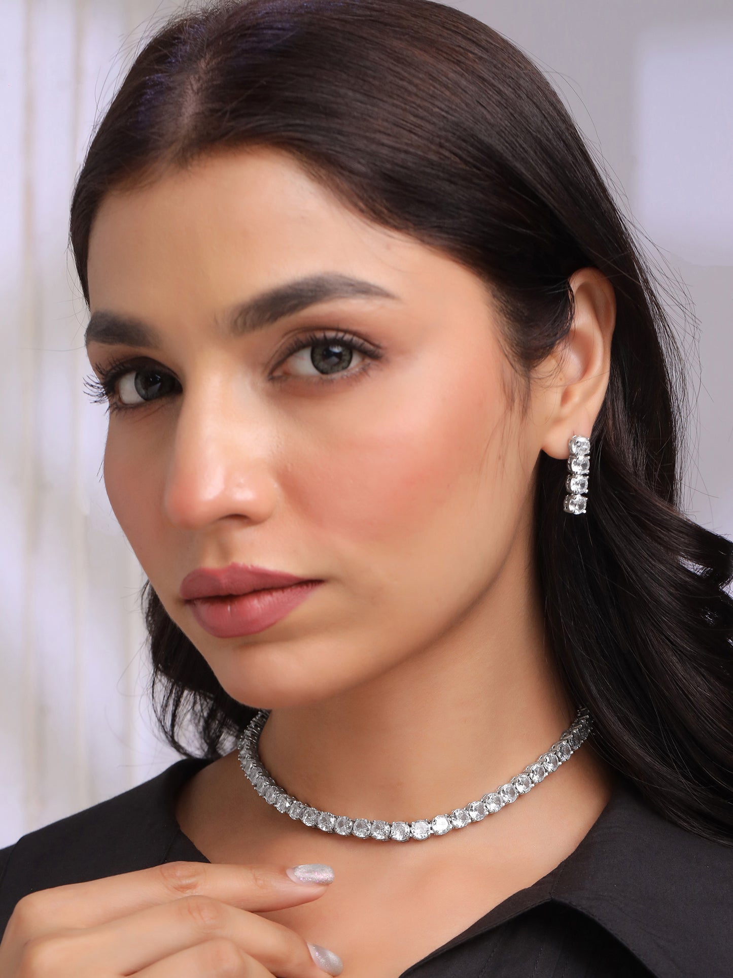 Yellow Chimes American Diamond Necklace Set For Women | White Stone Silver Jewellery Set For Women | Diamond Necklace Set | Birthday Gift for Girls Anniversary Gift for Wife