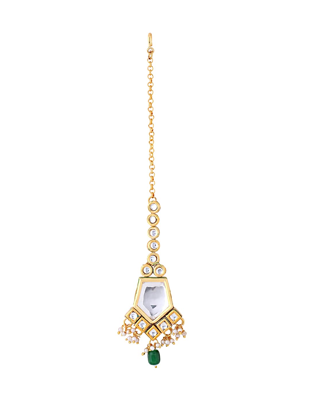 Yellow Chimes Maang Tikka for Women Kundan Studded Green Pearl Gold Plated Maang Tikka for Women and Girls