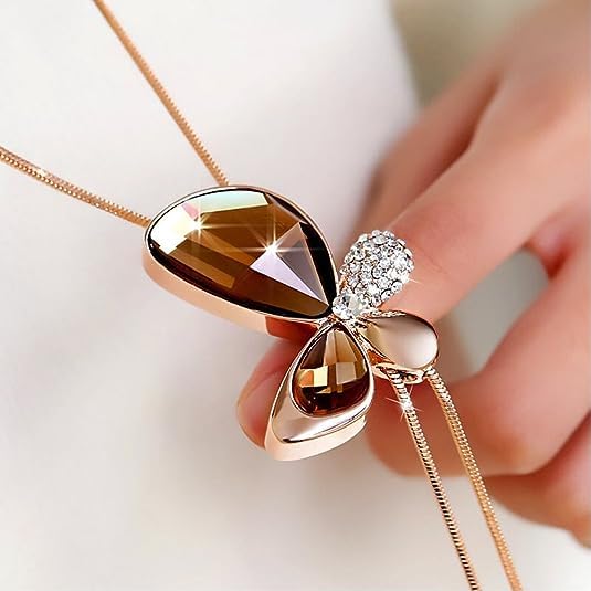 Yellow Chimes Classic Crystal Butterfly 18K Rose Gold Stylish Long Chain Pendant Necklace for Women and Girls