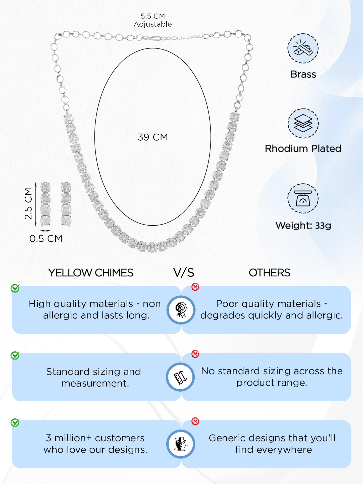 Yellow Chimes American Diamond Necklace Set For Women | White Stone Silver Jewellery Set For Women | Diamond Necklace Set | Birthday Gift for Girls Anniversary Gift for Wife