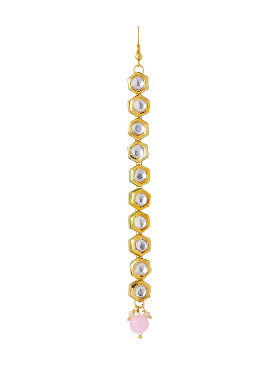 Yellow Chimes Maangtikka for Women Gold Toned Kundan Studded Single Line Designed Pink Pearl Drop Maangtikka for Women and Girls