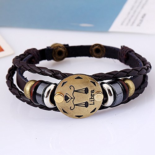 Yellow Chimes Zodiac Sign Constellation Handmade Brown Leather Bracelet For Men and Women/Unisex (Libra)