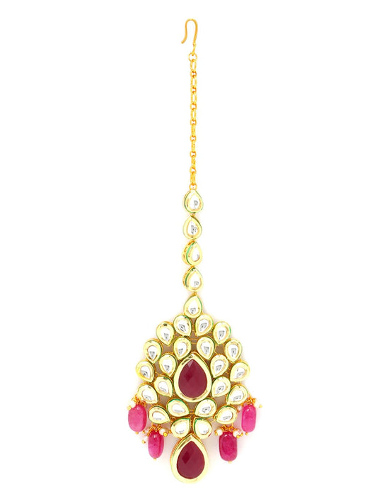 Yellow Chimes Traditional Gold Plated Kundan Studded Pink Moti Designer Ethnic Maang Tikka for Women and Girls