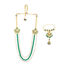 Yellow Chimes Jewellery Set for Women and Girls Traditional Kundan Dulhan Bridal Jewellery Set Green Beads Layered Choker Necklace Set for Wedding Gold Plated Bridal Set for Women