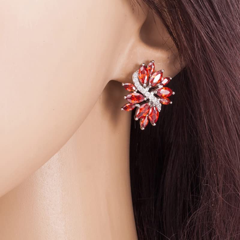 Yellow Chimes Elegant Latest Fashion Silver Toned Red Studded Crystal Floral Design Stud Earrings for Women and Girls, medium