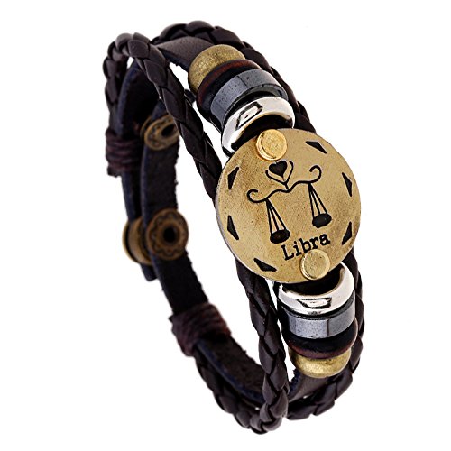 Yellow Chimes Zodiac Sign Constellation Handmade Brown Leather Bracelet For Men and Women/Unisex (Libra)