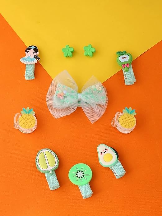 Melbees by Yellow Chimes Kids Hair Accessories for Girls Hair Accessories Combo Set Green 10 Pcs Baby Girl's Hair Clips Set Cute Ponytail Holder Claw Clip Bow Clips For Girls Assortment Gift Set