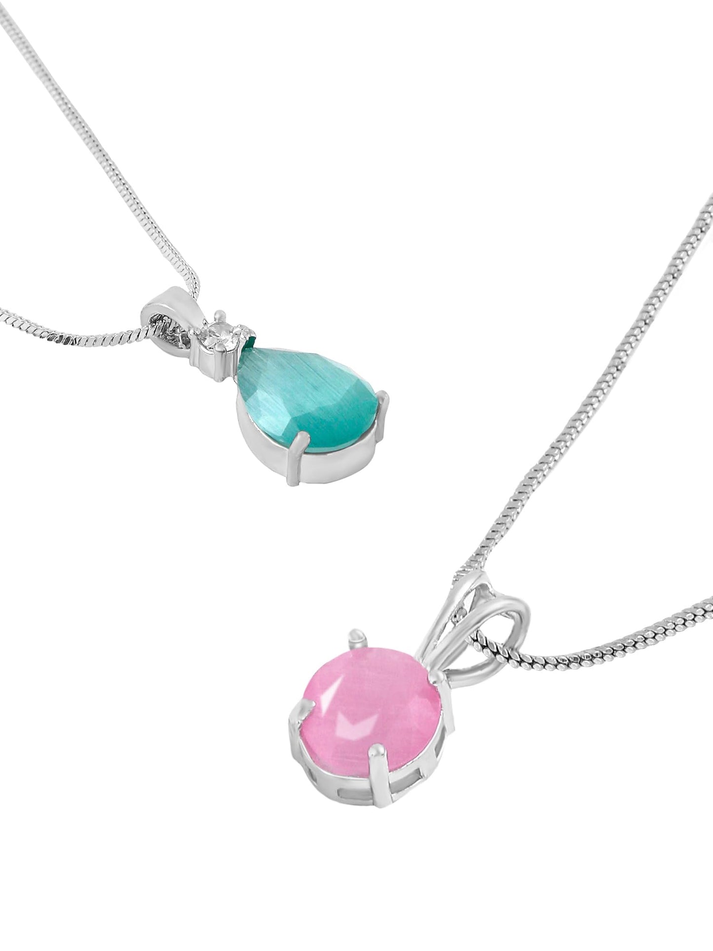 Yellow Chimes AD Pendant Necklace for Women | American Diamond Neck Chain For Girls | Fashion Pink Blue 2 Pcs Stone Necklaces | Silver Plated Pendant Chain For Women | Birthday Gift for Women Girls