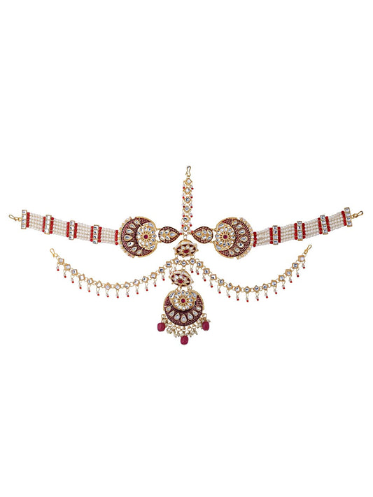 Yellow Chimes Maangtikka Daamini for Women Gold Plated Kundan Studded Meenakari Touch Multilayer White Beads Chain Designed Daamini Maangtikka for Women and Girls