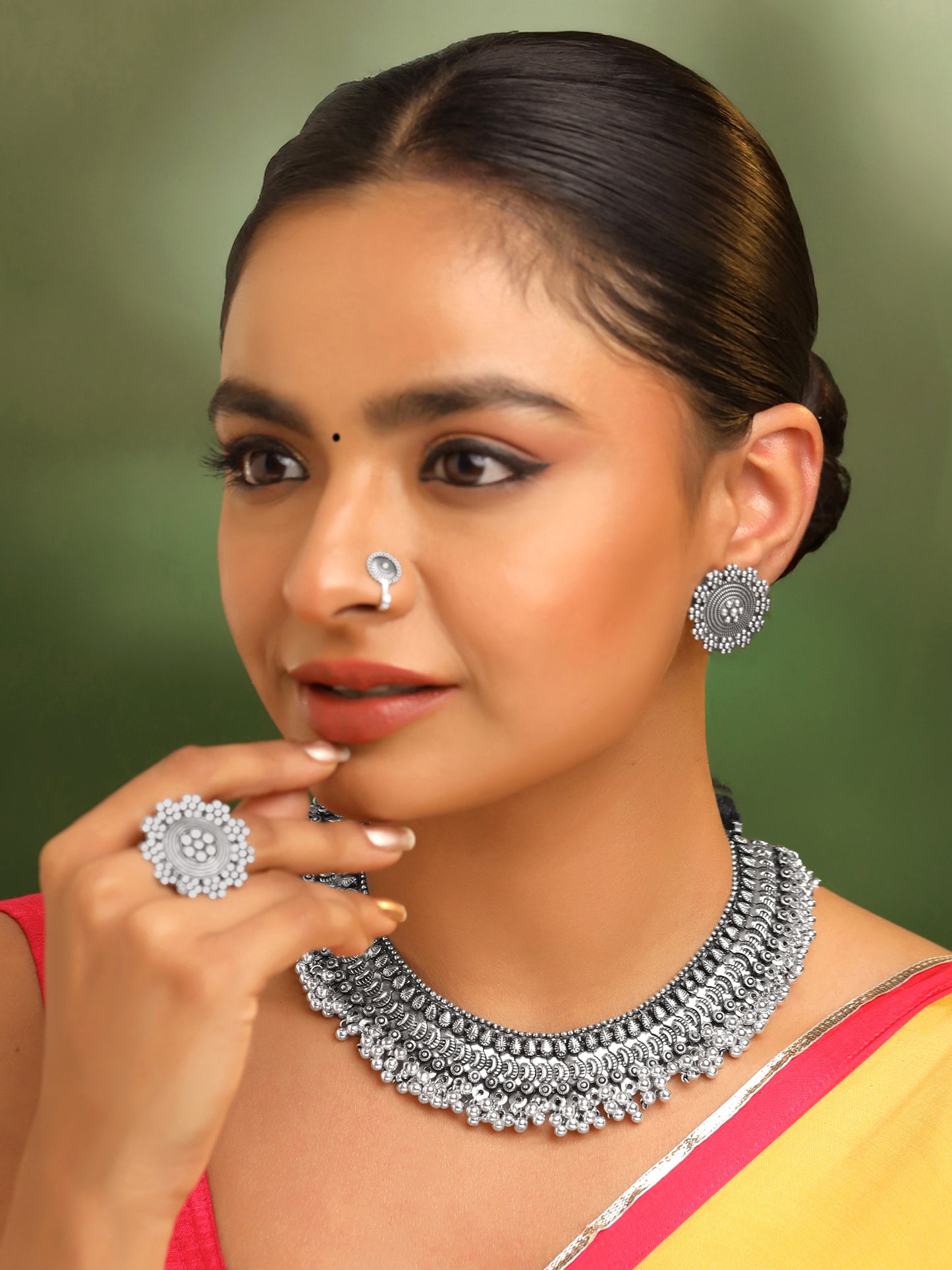 Yellow Chimes Classic German Silver Oxidised Crafted Traditional Choker Necklace Set With Earring Jewellery Set Jewellery Set for Women (Osidized Silver) (YCTJNS-32OXDCHK-SL)