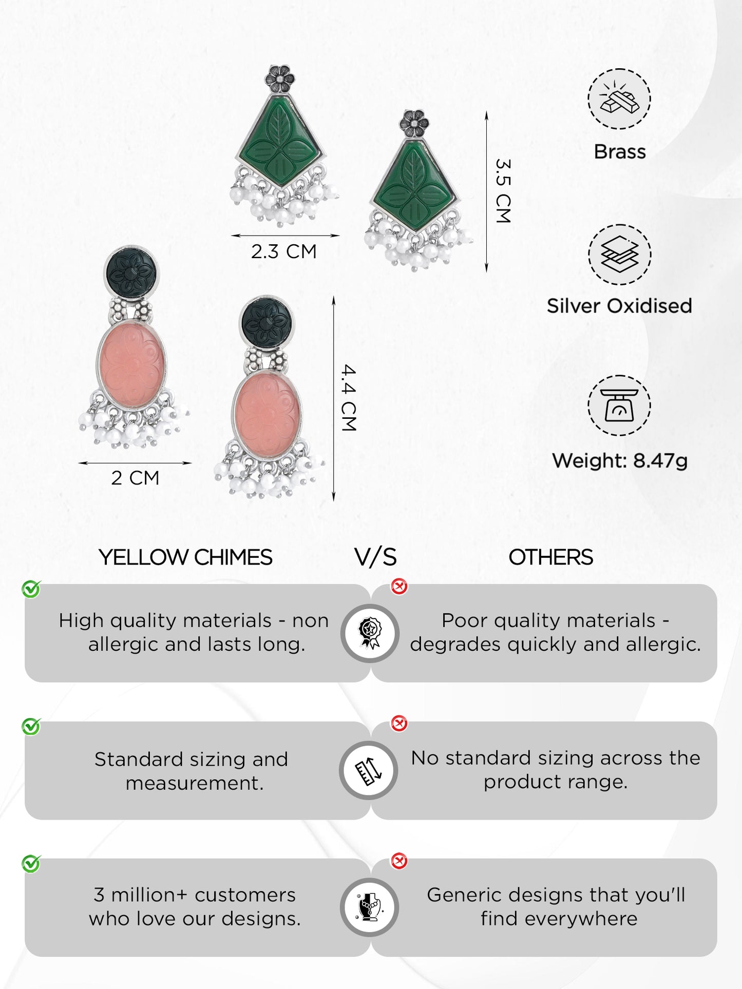 Yellow Chimes Silver Oxidised Earrings for Women & Girls | Traditional Oxidised Silver Drop Earrings Combo of 2 Pairs Monalisa Stone Studded Earrings | Birthday Anniversary Gift for Wife Women