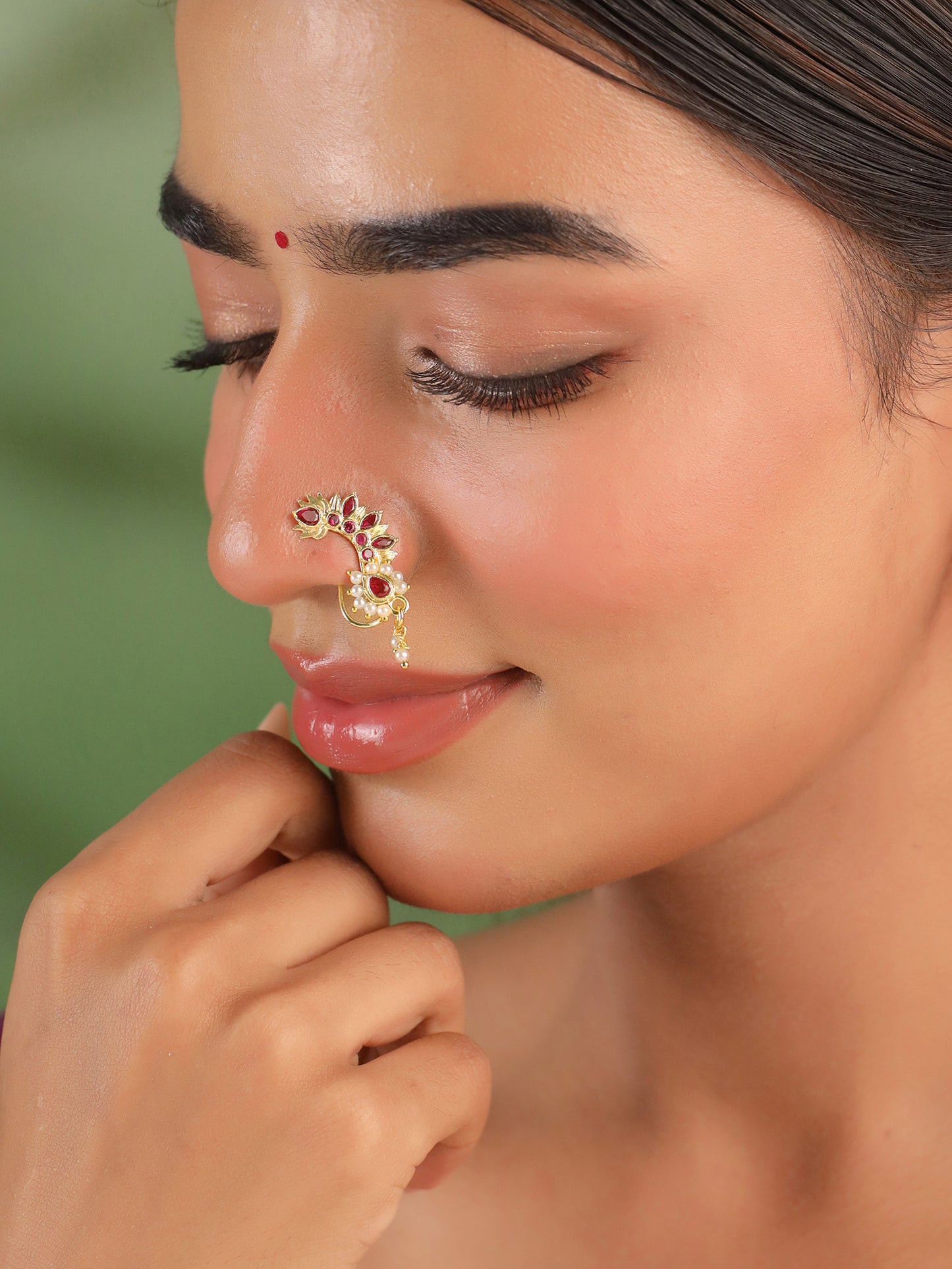 YCT Nose Pin: Elegant Gold Non-Piercing Nose Ring with Red Stone | One Size | For Women