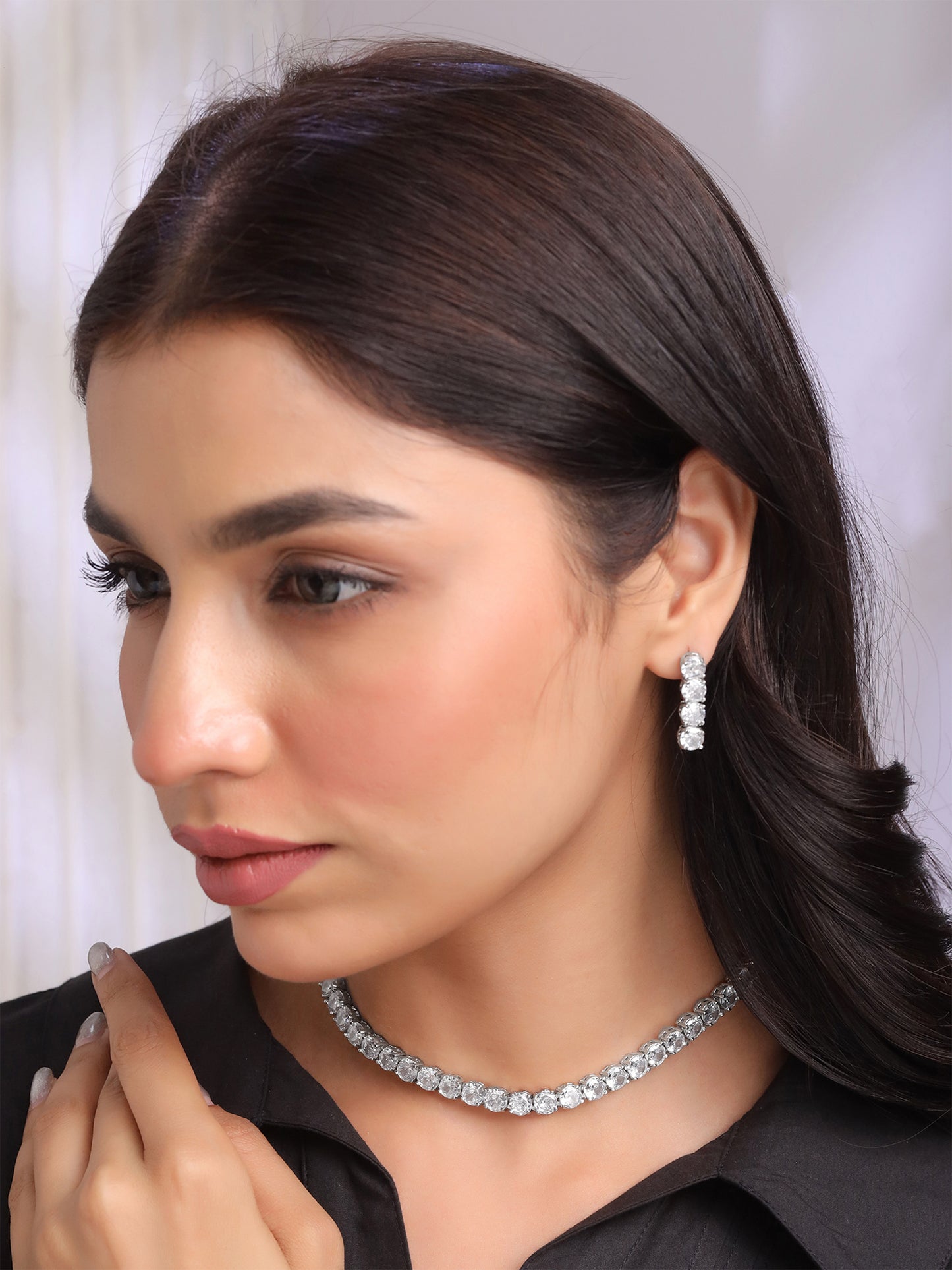 Yellow Chimes American Diamond Necklace Set For Women | White Stone Silver Jewellery Set For Women | Diamond Necklace Set | Birthday Gift for Girls Anniversary Gift for Wife