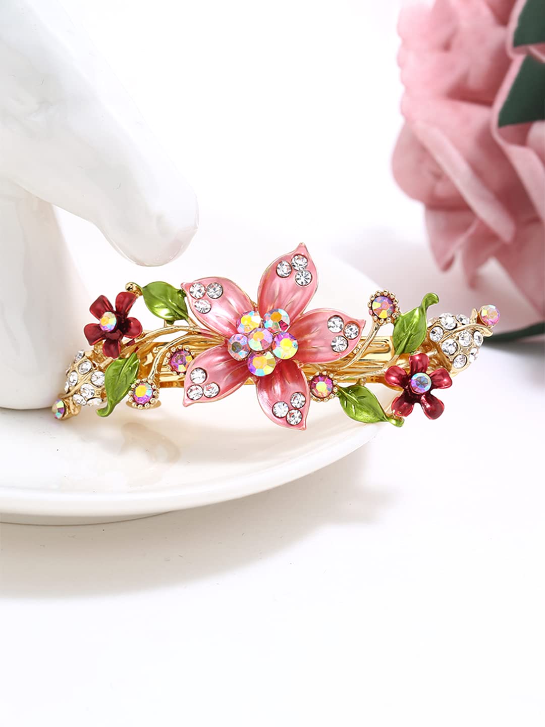 Yellow Chimes Hair Clips for Women Girls Barrette Hair Clips for Women Hair Accessories for Women Enameled Floral Clips for Women Red Crystal French Barrette Hair Clips for Women and Girls Gifts