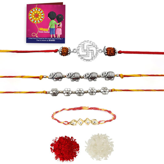 Yellow Chimes Rakhi for Brother | Combo of 4 Rakhi Set for Brother | Traditional Gold and Silver Plated Kundan Rakhi Set for Brother and Sister| Rakhi with Roli, Chawal and Greeting Card