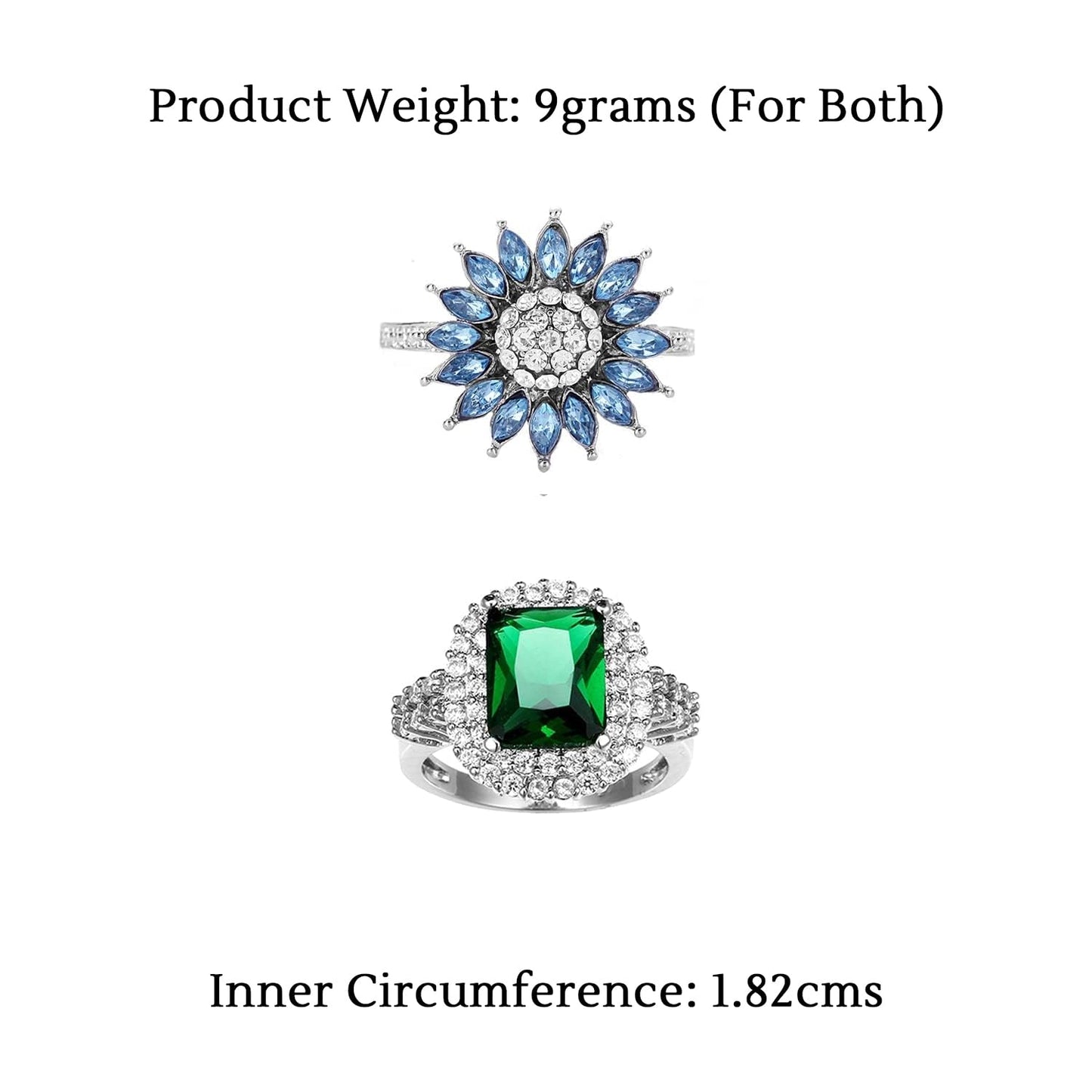 Yellow Chimes Rings for Women Combo of 2 PCs Rings Rhodium Plated Blue Green Crystal Studded Finger Rings for Women and Girls.