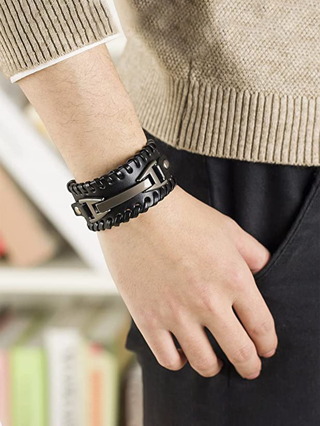 Yellow Chimes Multi Strand Leather Wrap Wrist Bracelet for Men and