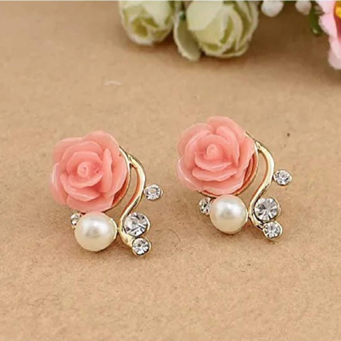 Yellow Chimes Elegant Flower Crystal Pink Rose Gold Plated Stud Earring For Women and Girl