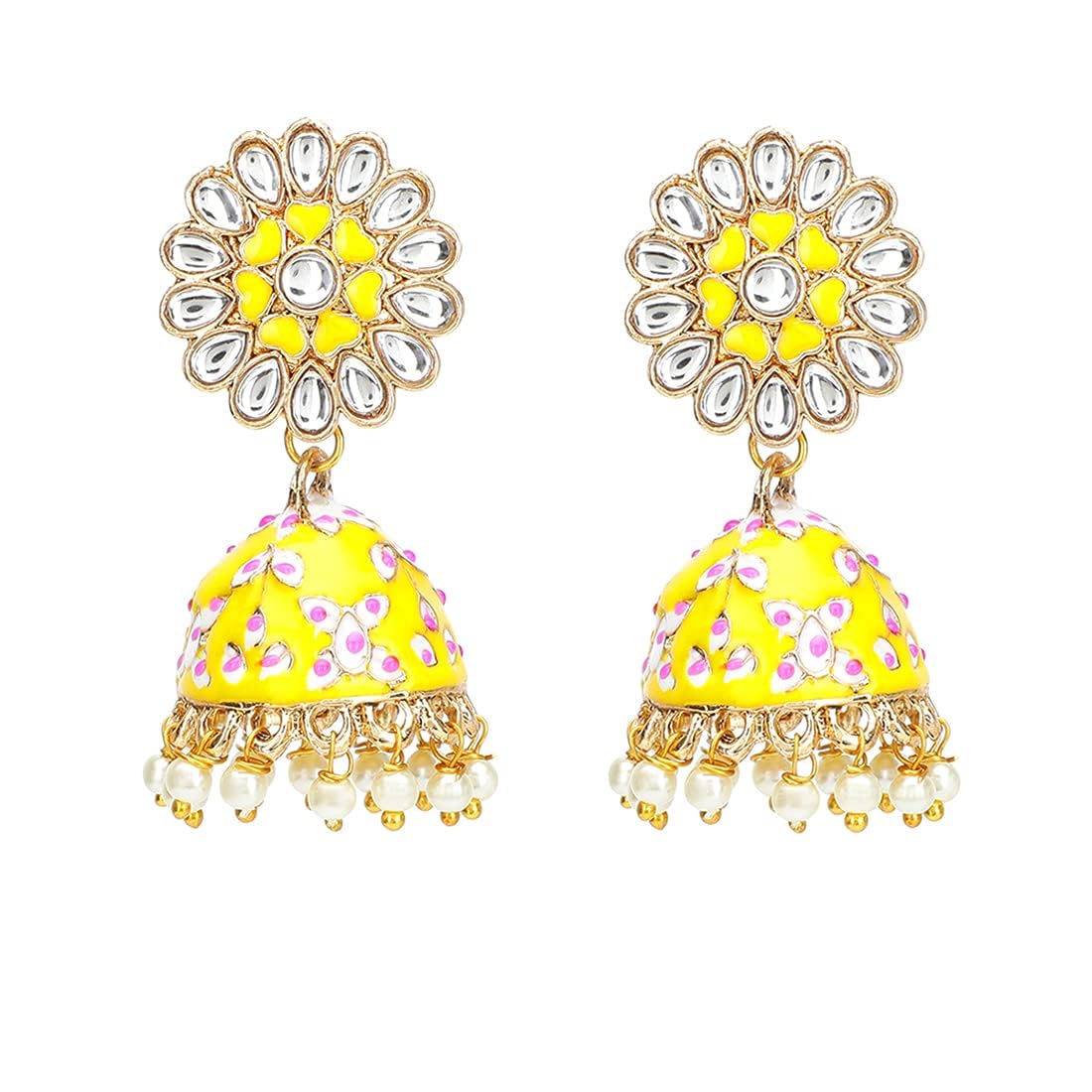 Kairangi Meenakari Jhumka Earrings for Women Gold Plated Yellow Meenakari Flower Pearl Jhumka Earrings for Women and Girls