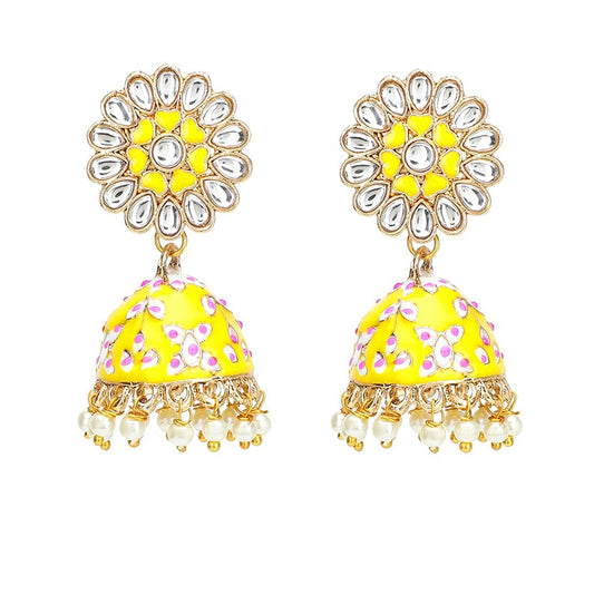 Kairangi Meenakari Jhumka Earrings for Women Gold Plated Yellow Meenakari Flower Pearl Jhumka Earrings for Women and Girls