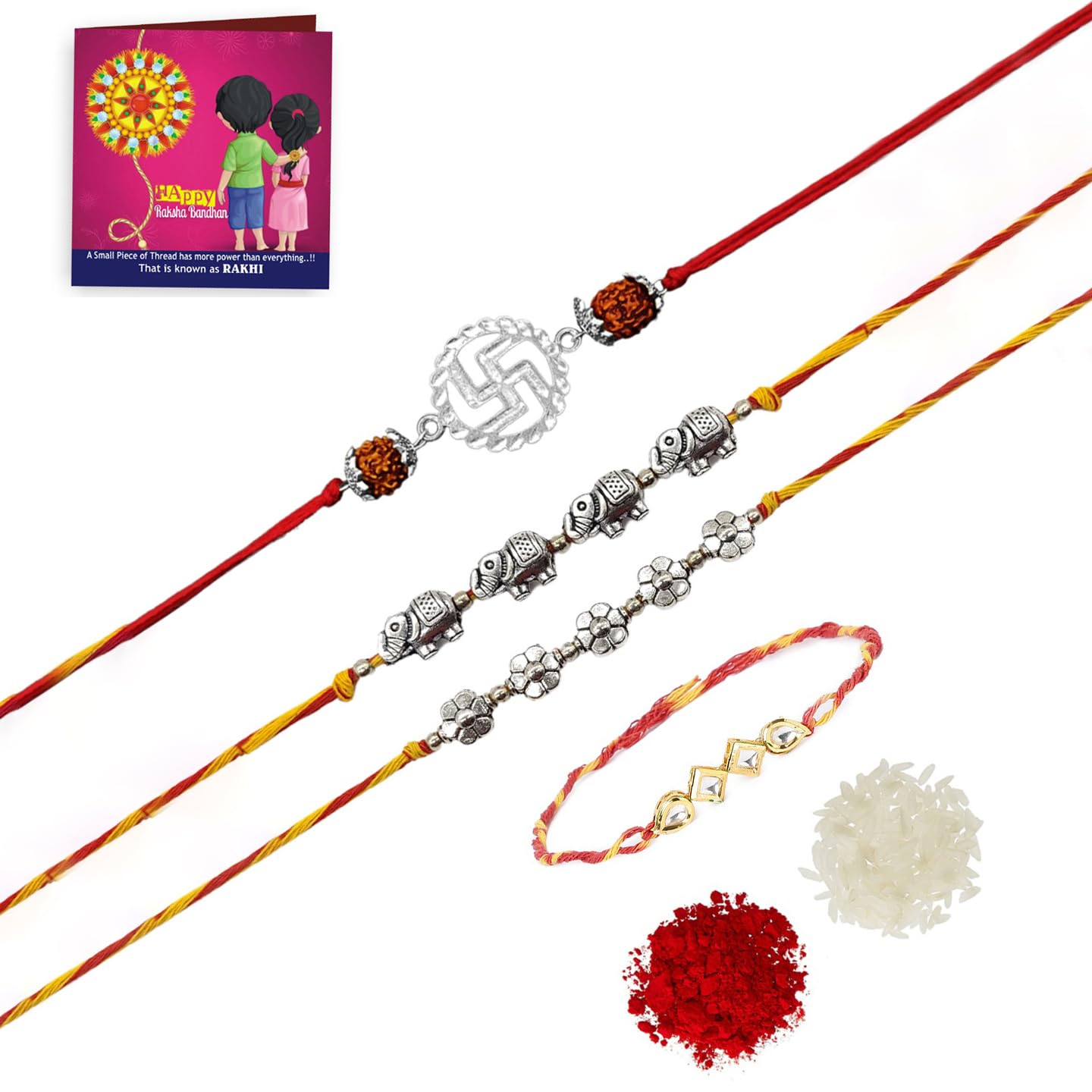 Yellow Chimes Rakhi for Brother | Combo of 4 Rakhi Set for Brother | Traditional Gold and Silver Plated Kundan Rakhi Set for Brother and Sister| Rakhi with Roli, Chawal and Greeting Card