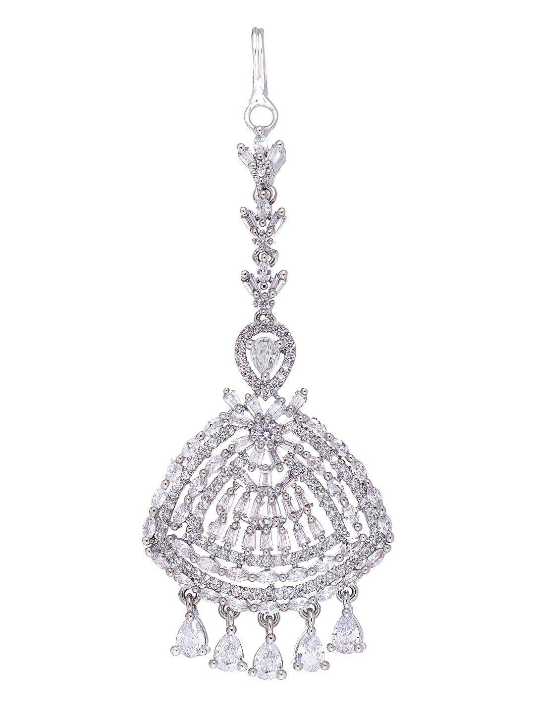 Yellow Chimes Classic AD/American Diamond Studded White Rhodium Plated Drop Crystal Design Maang Tikka for Women and Girls