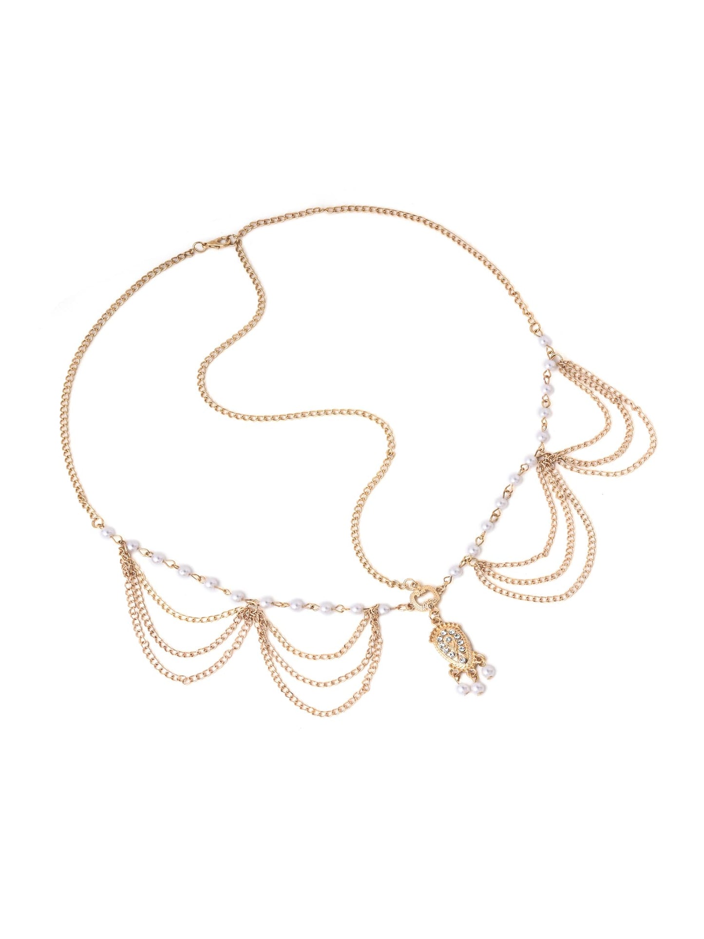 Yellow Chimes Head Chain For Women Layered Gold Toned Pearl Studded Charm Head Chain For Women and Girls