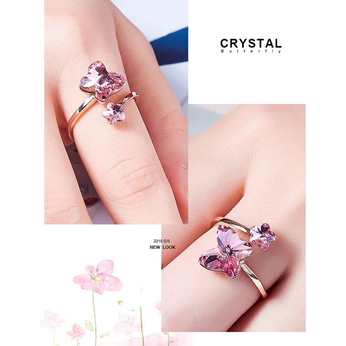 Yellow Chimes Rings for Women and Girls Crystal Ring Rose Gold Toned Crystal Butterfly and Floral Designed Adjustable Ring Birthday Gift For girls and women Anniversary Gift for Wife