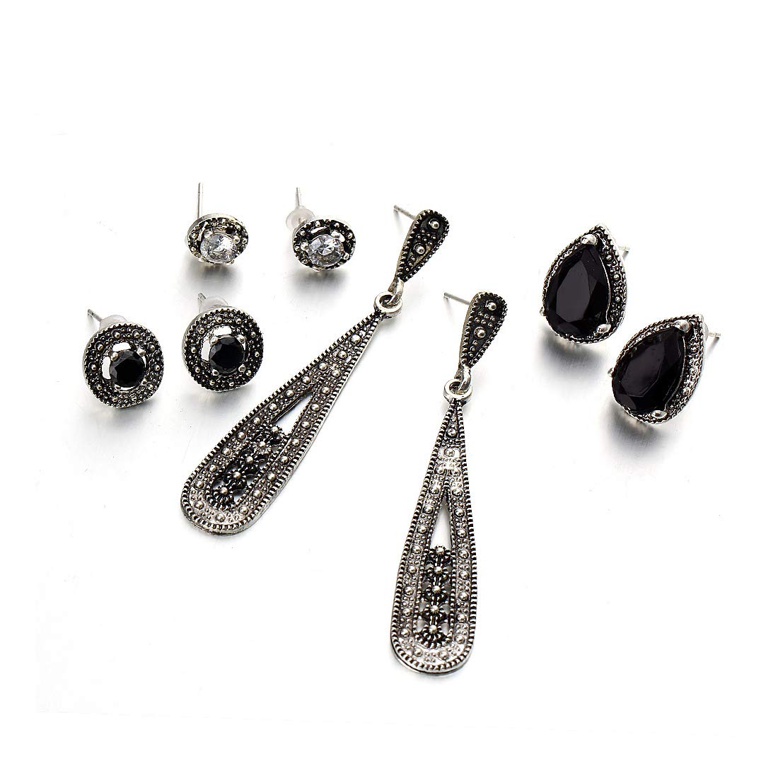 Yellow Chimes Combo of Four Pairs Black Stone Oxidized Silver Crystal Studs Dangle Earrings For Women And Girl's