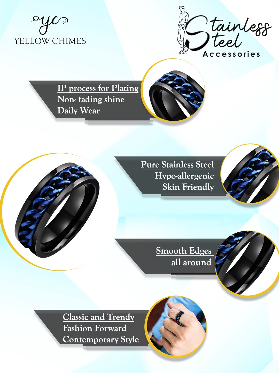 Yellow Chimes Rings for Men Black and Blue Colored Stainless Steel Band Designed Rings for Men and Boys