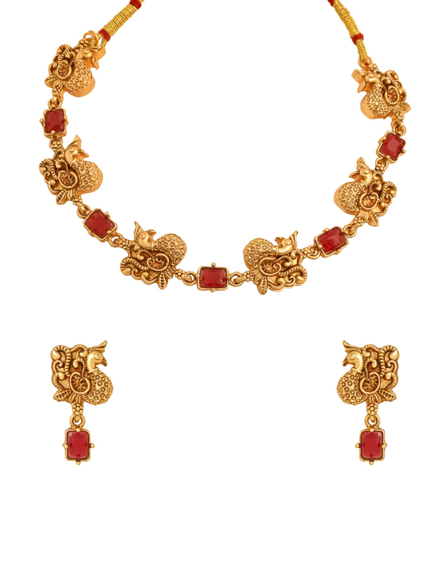 Yellow Chimes Jewellery Set for Women | Red Stone Peacock Shaped Necklace Set | Traditional Golden Necklace Set for Girls | Birthday Gift for Girls & Women Anniversary Gift for Wife