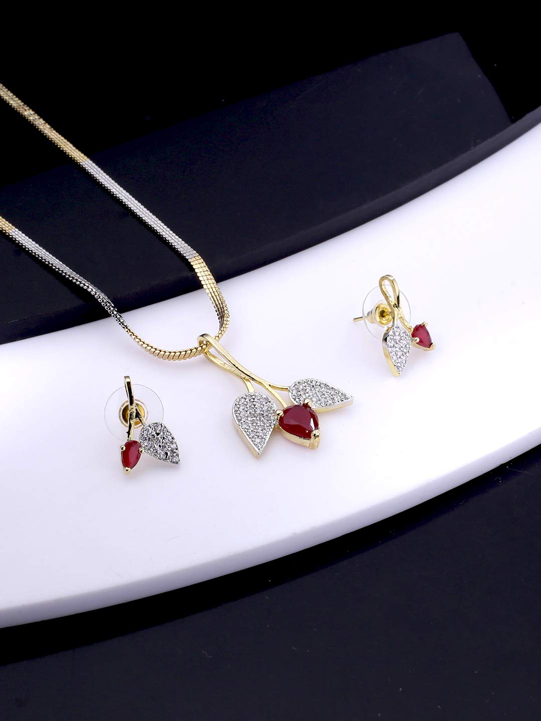 Yellow Chimes Classic Pink AD/American Diamond Studded 18K Gold Plated Designer Leafy Pendant Set with Earrings for Women & Girls