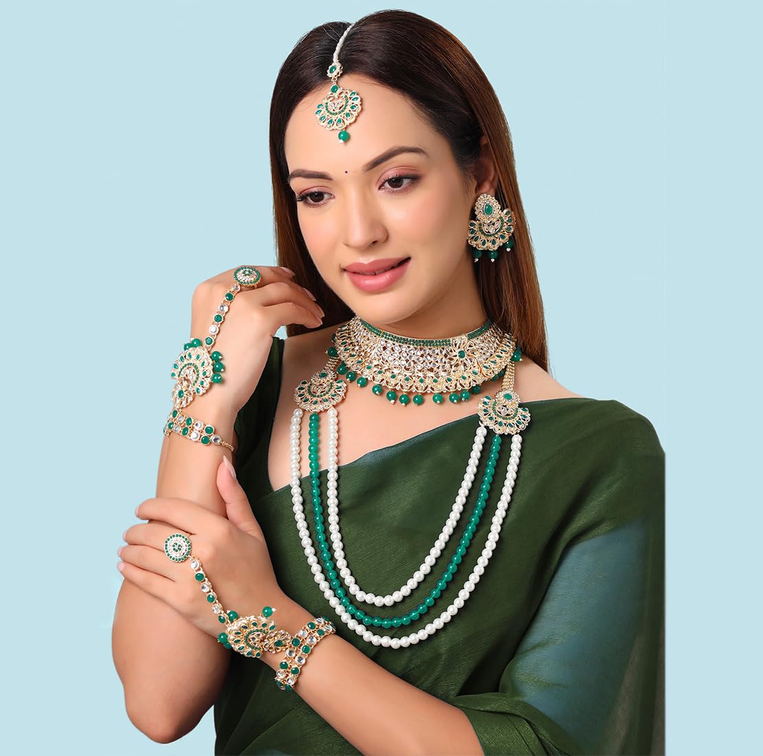 Yellow Chimes Jewellery Set for Women and Girls Traditional Kundan Dulhan Bridal Jewellery Set Green Beads Layered Choker Necklace Set for Wedding Gold Plated Bridal Set for Women