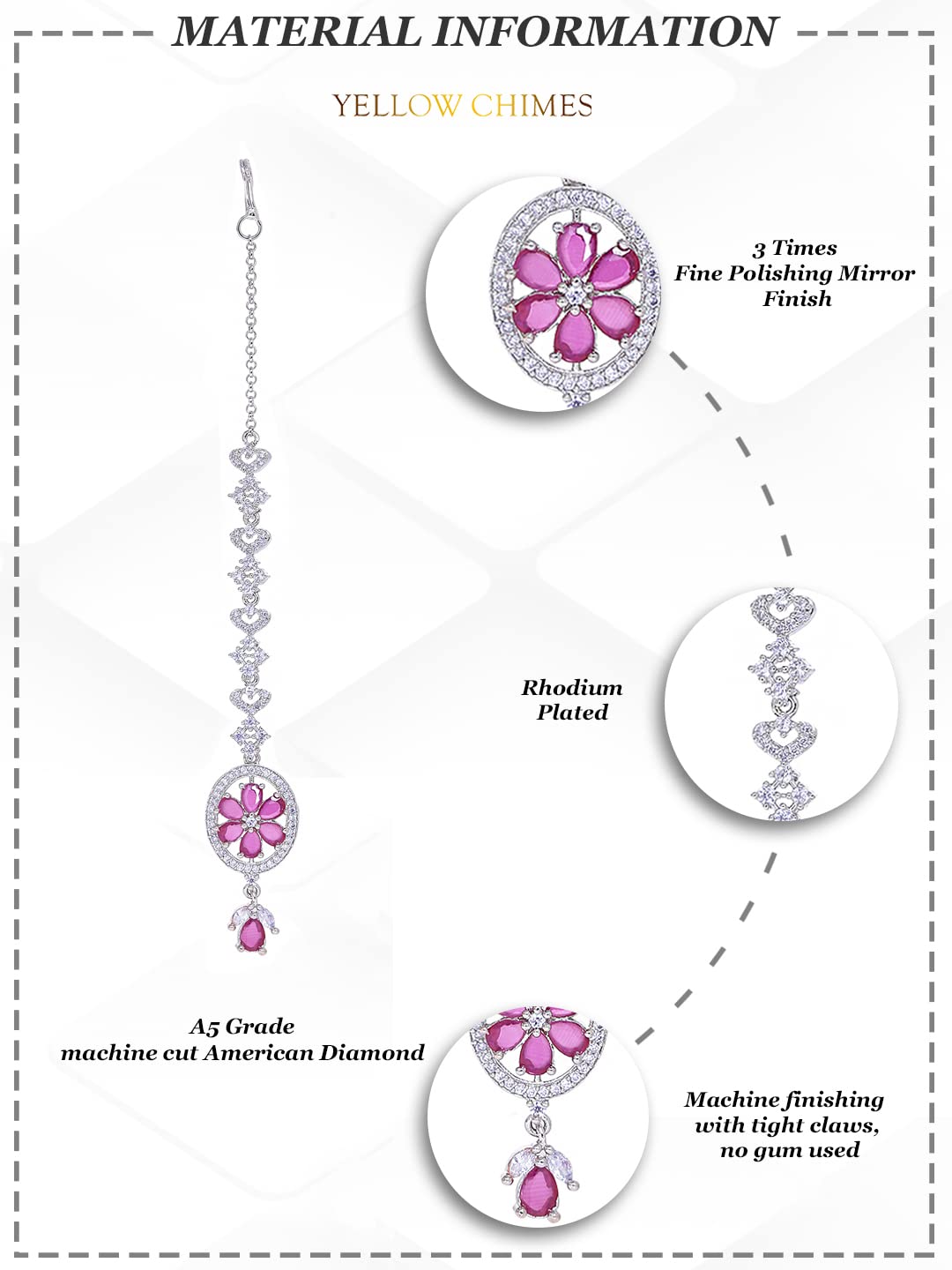 Yellow Chimes American Diamond Maang Tikka for Women Rhodium Plated Crystal Pink High Grade Authentic AD Jewellery Maang Tikka for Women and Girls