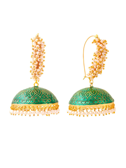 Yellow Chimes Meenakari Jhumka Earrings for Women | Traditional Mothi Hoop Jhumki Earrings Set for Girls | Green Big Hoops Jhumkas Ethnic Gold Plated Women Earrings | Birthday Gift For Girls