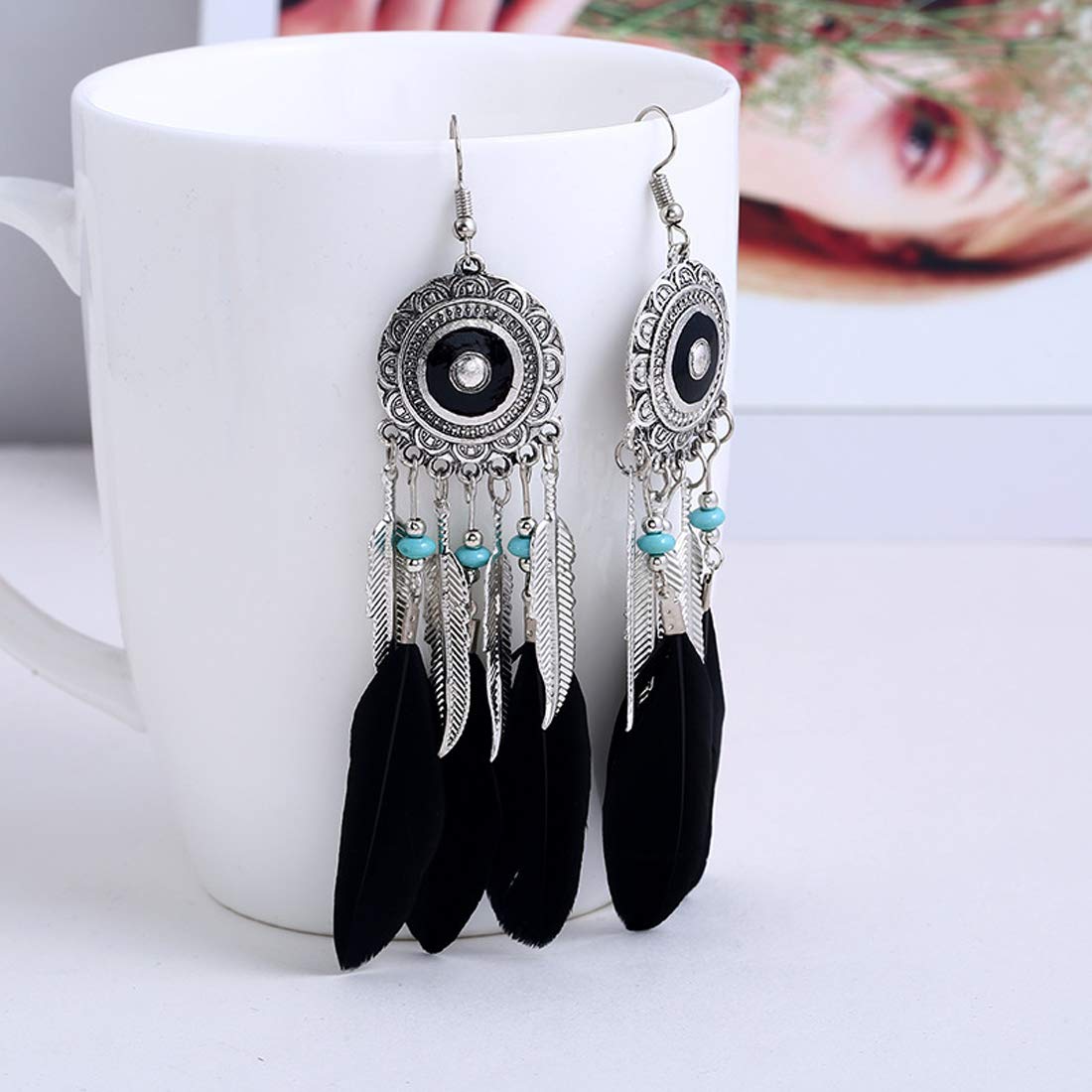 Yellow Chimes Trending Colors Feathers Latest Stylish Long Tassel Earrings for Women & Girls (Black)