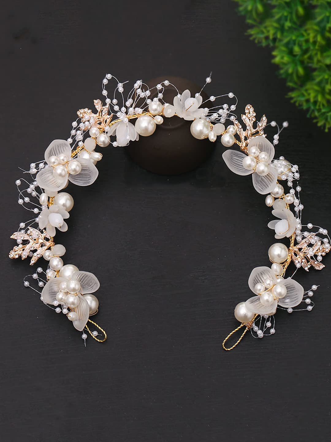 Yellow Chimes Bridal Hair Vine for Women and Girls Bridal Hair Accessories for Wedding White Headband Hair Accessories Wedding Jewellery for Women Floral Pearl Bridal Wedding Head band Hair Vine