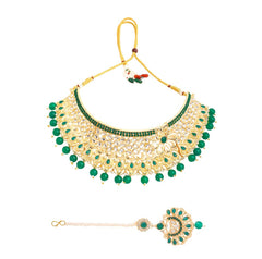 Yellow Chimes Jewellery Set for Women and Girls Traditional Kundan Dulhan Bridal Jewellery Set Green Beads Layered Choker Necklace Set for Wedding Gold Plated Bridal Set for Women
