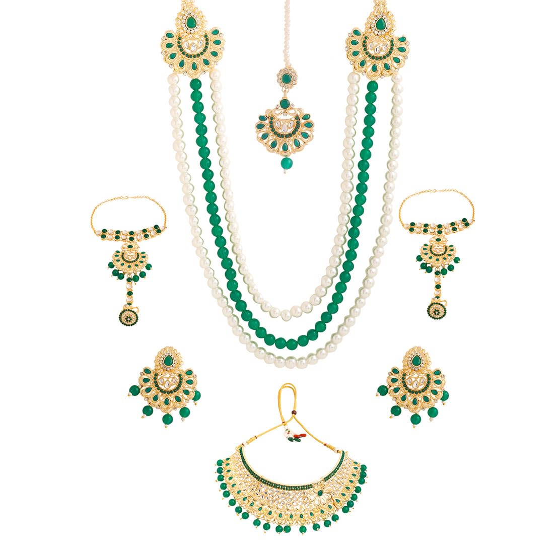 Yellow Chimes Jewellery Set for Women and Girls Traditional Kundan Dulhan Bridal Jewellery Set Green Beads Layered Choker Necklace Set for Wedding Gold Plated Bridal Set for Women