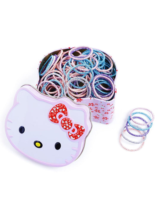 Melbees by Yellow Chimes Hair Rubber Bands for Girls Kids Hair Accessories for Girls Set of 100 Pcs Rubberbands Glittering Multicolor Small Ponytail Holders with Kitty Tin Storage Box for Girls Kids