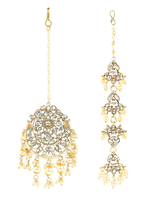 Yellow Chimes Combo of Traditional Gold Plated Studded Kundan Beads Design Ethnic Maang Tikka for Women and Girls (Design 5)