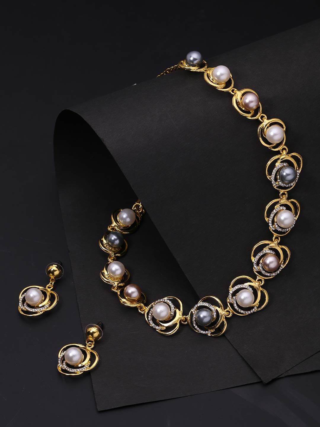 Yellow Chimes Latest Fashion White Crystal Pearl Designer Silver Necklace Set With Earrings Jewellery Set For Women & Girls