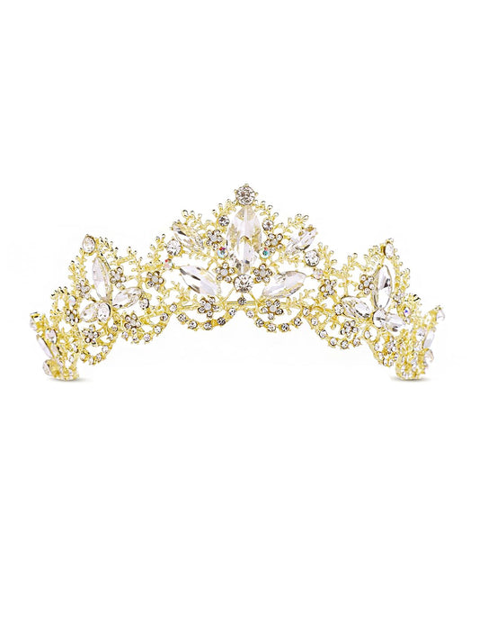 Yellow Chimes Tiara for Women and Girls Gold Plated Crown for Women White Crystal Studded Bridal Wedding Crown Tiaras for Women and Girls Gift For Women & Girls