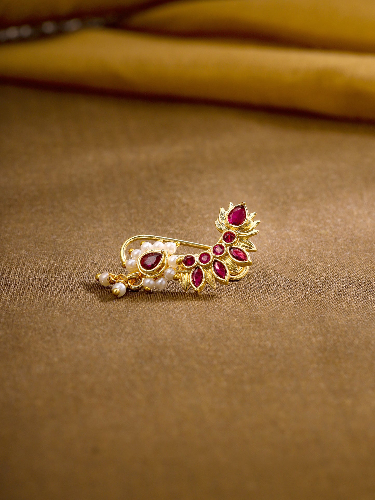 YCT Nose Pin: Elegant Gold Non-Piercing Nose Ring with Red Stone | One Size | For Women