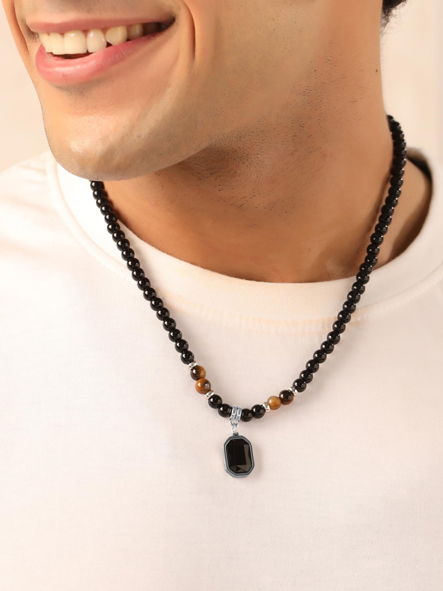 Yellow Chimes Beads Necklace for Men Fashion Black Pendants For Men | Tiger Eye Stone Beads Necklace Pendant Necklace Chain for Men | Accessories for Men | Birthday Gift for Men & Boys