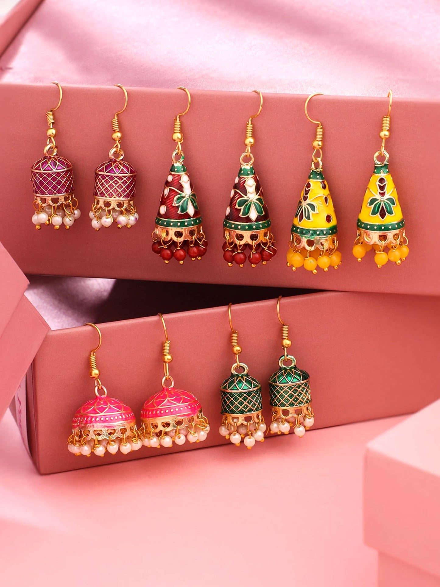 Yellow Chimes Meenakari Jhumka Earrings for Women | Traditional Jhumki Earrings Set for Girls | Combo of 5 Pairs Jhumkas Ethnic Gold Plated Women Earrings | Birthday Gift For Girls