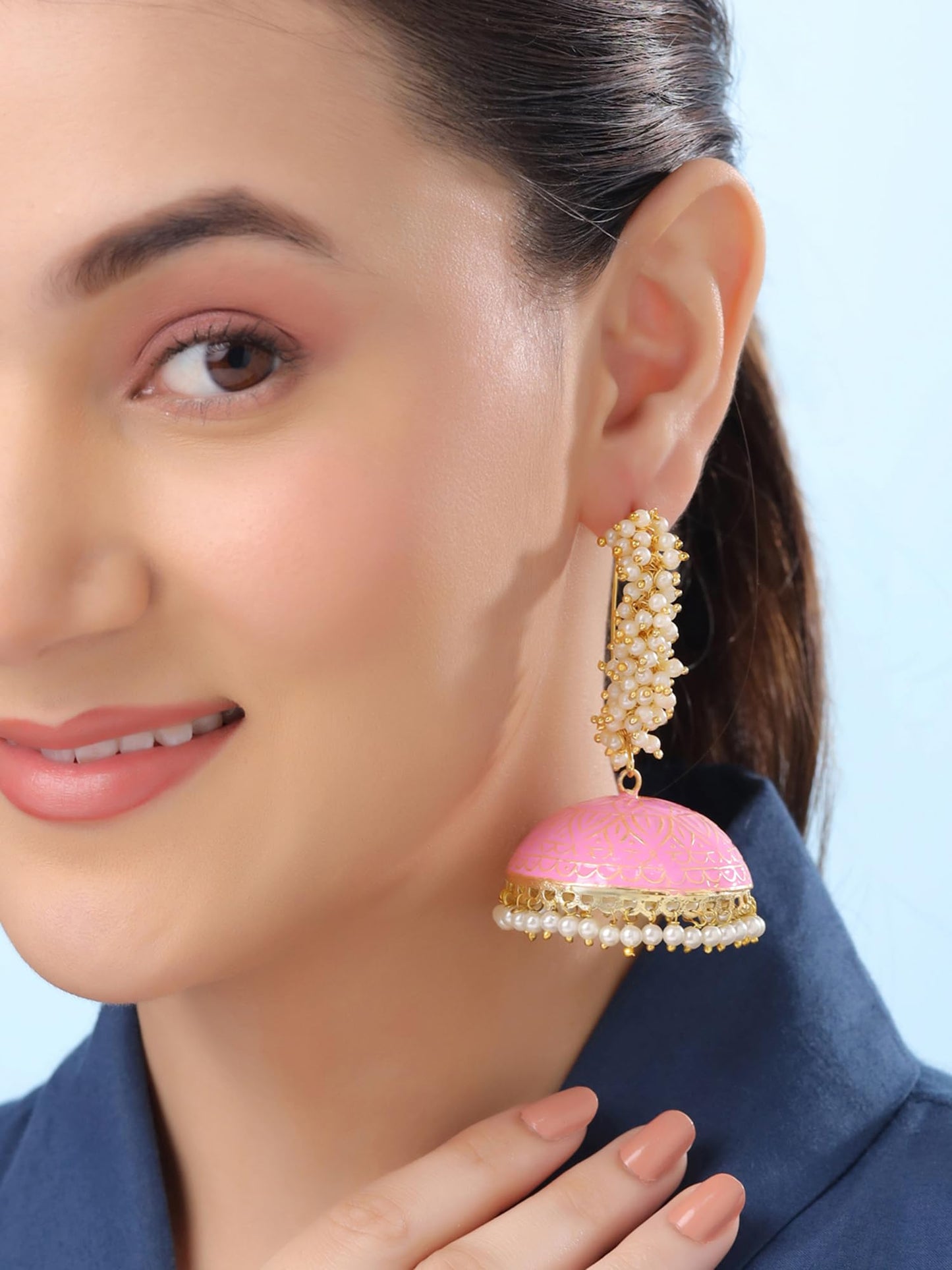 Yellow Chimes Meenakari Jhumka Earrings for Women | Traditional Mothi Hoop Jhumki Earrings Set for Girls | Pink Big Hoops Jhumkas Ethnic Gold Plated Women Earrings | Birthday Gift For Girls