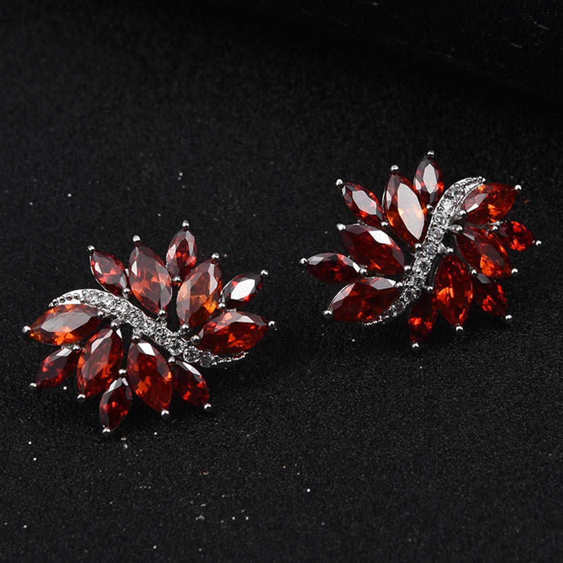 Yellow Chimes Elegant Latest Fashion Silver Toned Red Studded Crystal Floral Design Stud Earrings for Women and Girls, medium