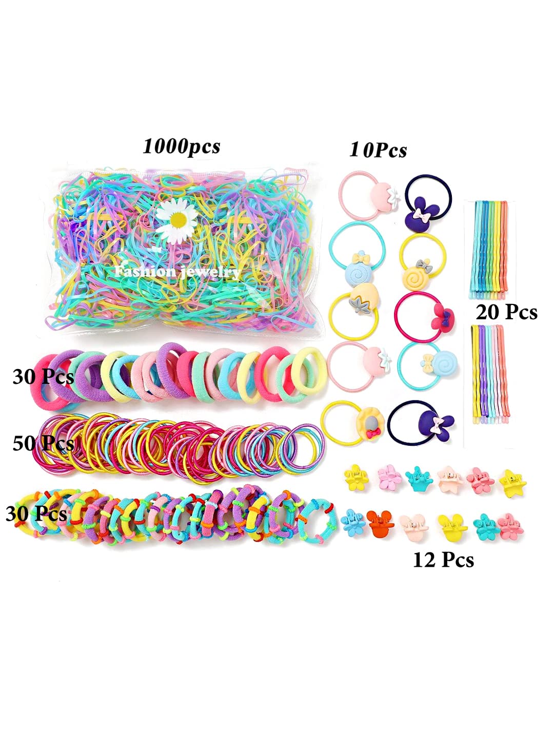 Melbees by Yellow Chimes Hair Clips for Girls Kids Hair Clip Hair Accessories for Girls Baby's 10 Pcs Hair Pins 10 Pcs Claw Clips With 1090 Pcs Rubber Bands Set for Kids Hairclips for Baby Teens