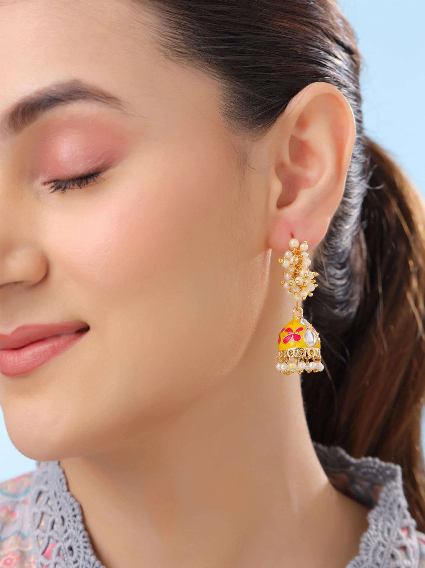 Yellow Chimes Meenakari Jhumka Earrings for Women | Traditional Mothi Hoop Jhumki Earrings Set for Girls | Combo of 4 Pairs Jhumkas Ethnic Gold Plated Women Earrings | Birthday Gift For Girls